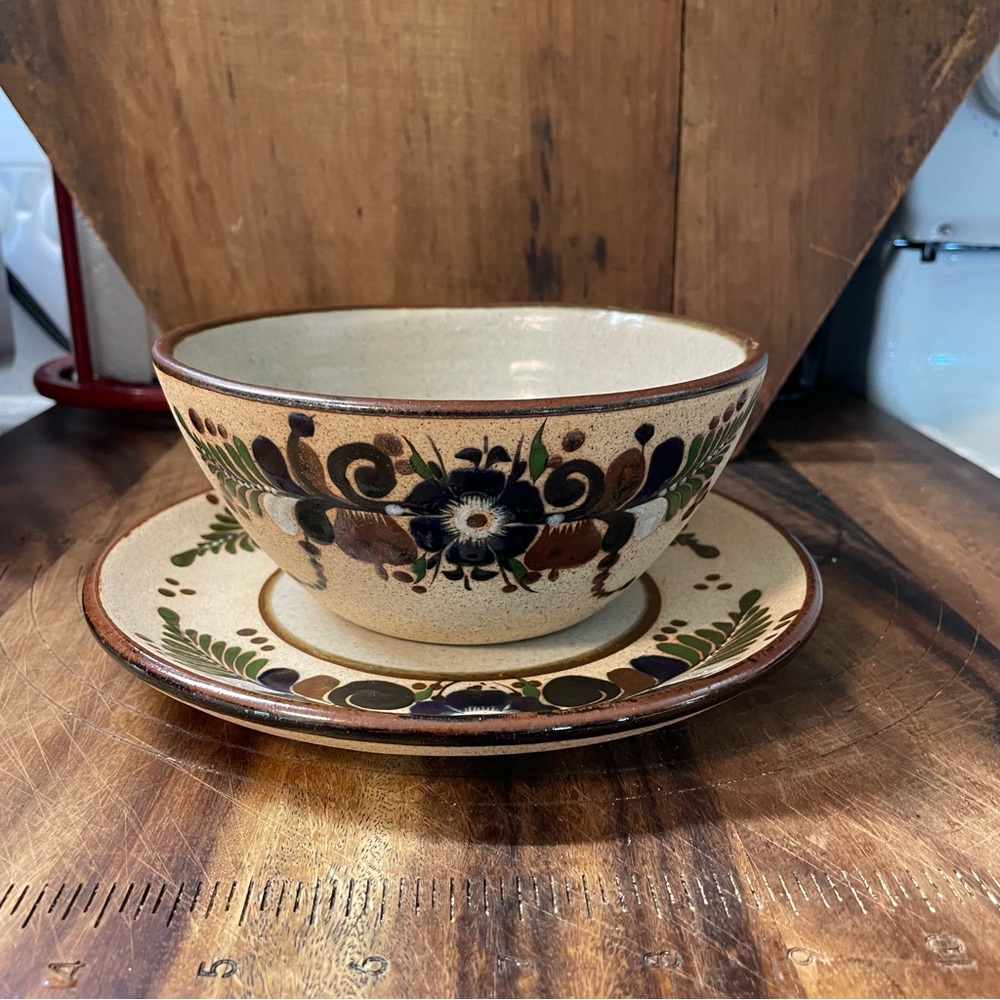 Vintage Tonala Pottery Bowl & Plate Netzi Signed Gorgeous Florals! Mint!